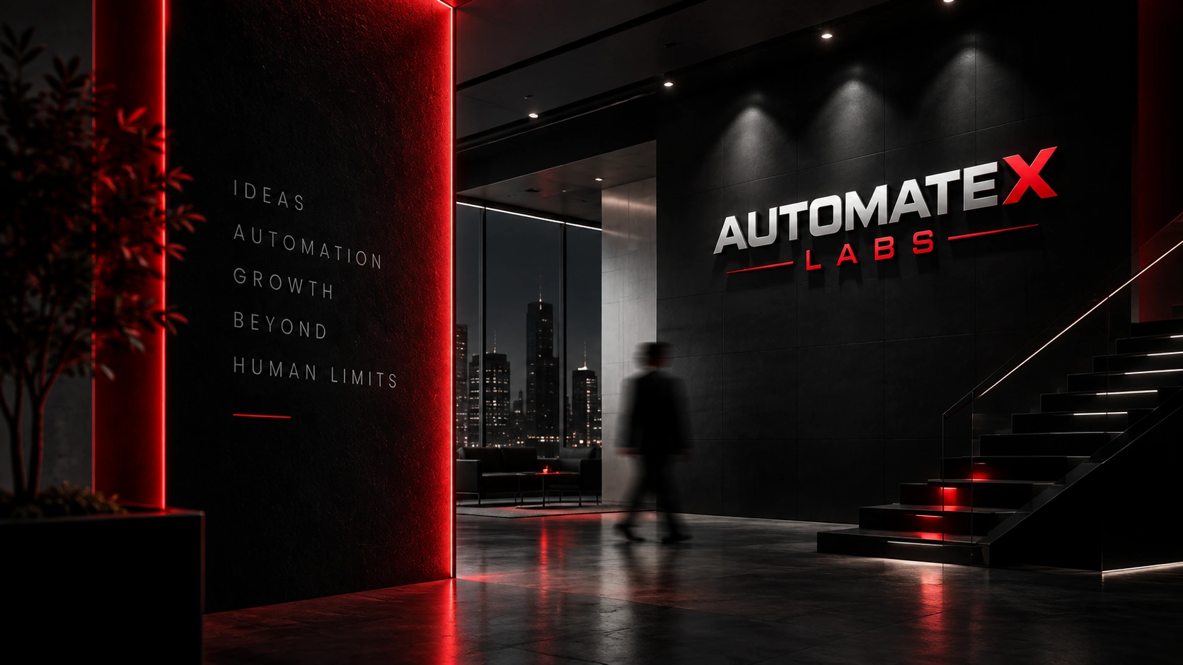 AutomateX Labs black and crimson architectural environment