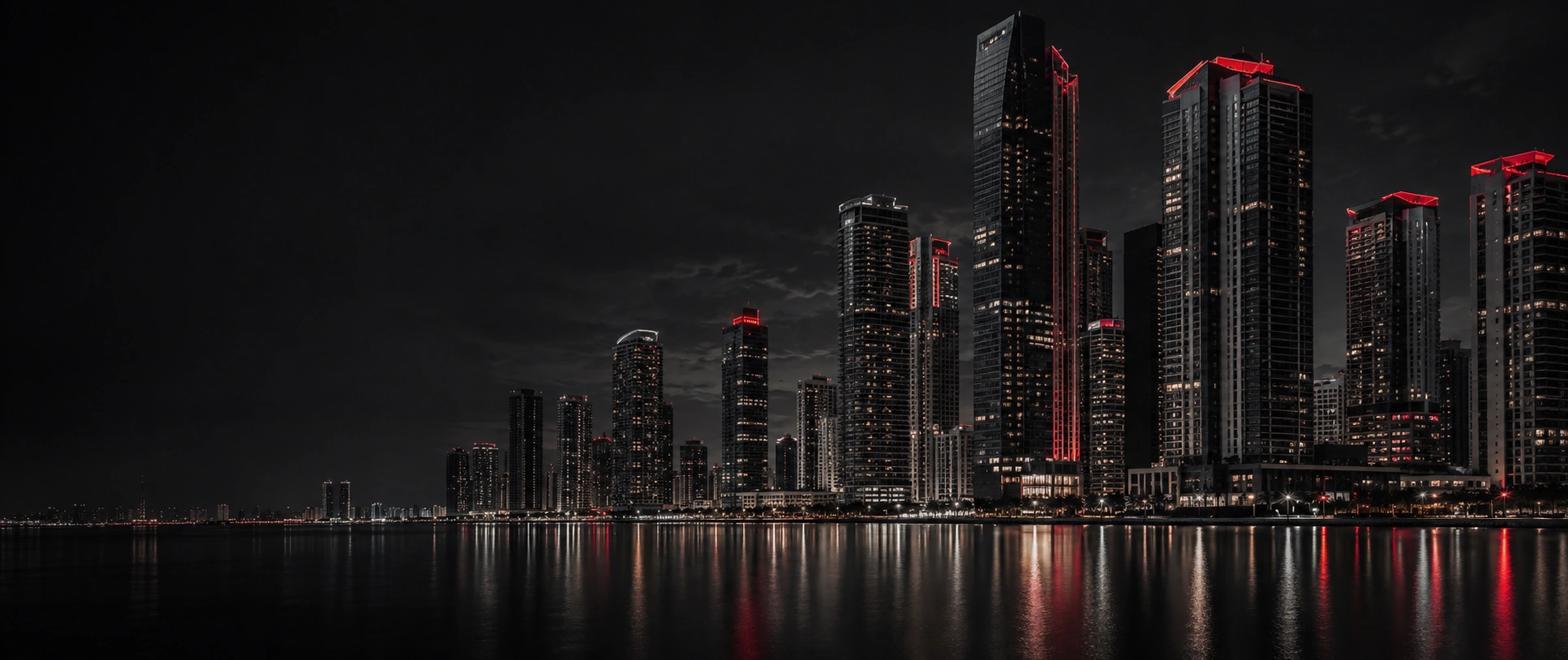 Dark metropolitan skyline with high-rise real estate and restrained red architectural lighting